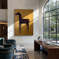 Three Glasses Wait Upright - black horse cocktail painting by Isabelle Laurent, modern Western vertical wall art – styled room scene view 3