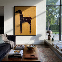 Three Glasses Wait Upright - black horse cocktail painting by Isabelle Laurent, modern Western vertical wall art – styled room scene view 4