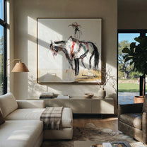 Loose Lines Carry Poise - expressive horse rider sketch by Isabelle Laurent, modern Western square wall art – styled room scene view 1