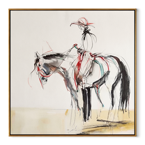 Loose Lines Carry Poise - expressive horse rider sketch by Isabelle Laurent, modern Western square wall art – wood frame on white background