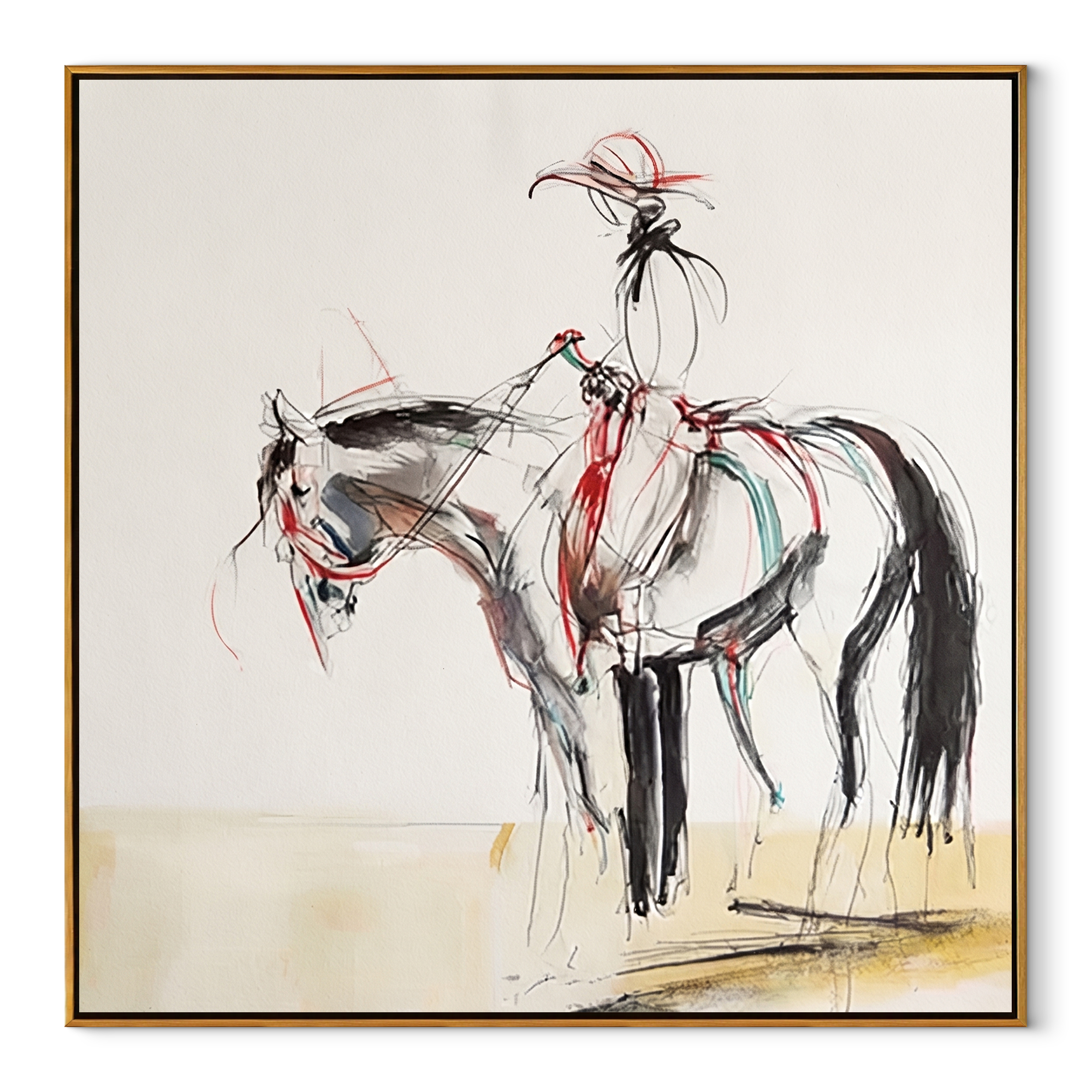 Loose Lines Carry Poise - expressive horse rider sketch by Isabelle Laurent, modern Western square wall art – wood frame on white background
