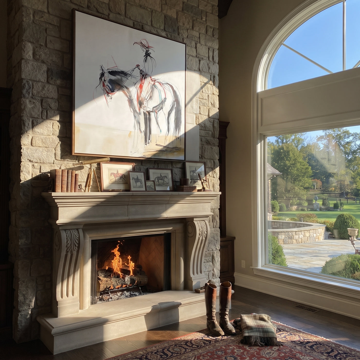 Loose Lines Carry Poise - expressive horse rider sketch by Isabelle Laurent, modern Western square wall art – styled room scene view 2
