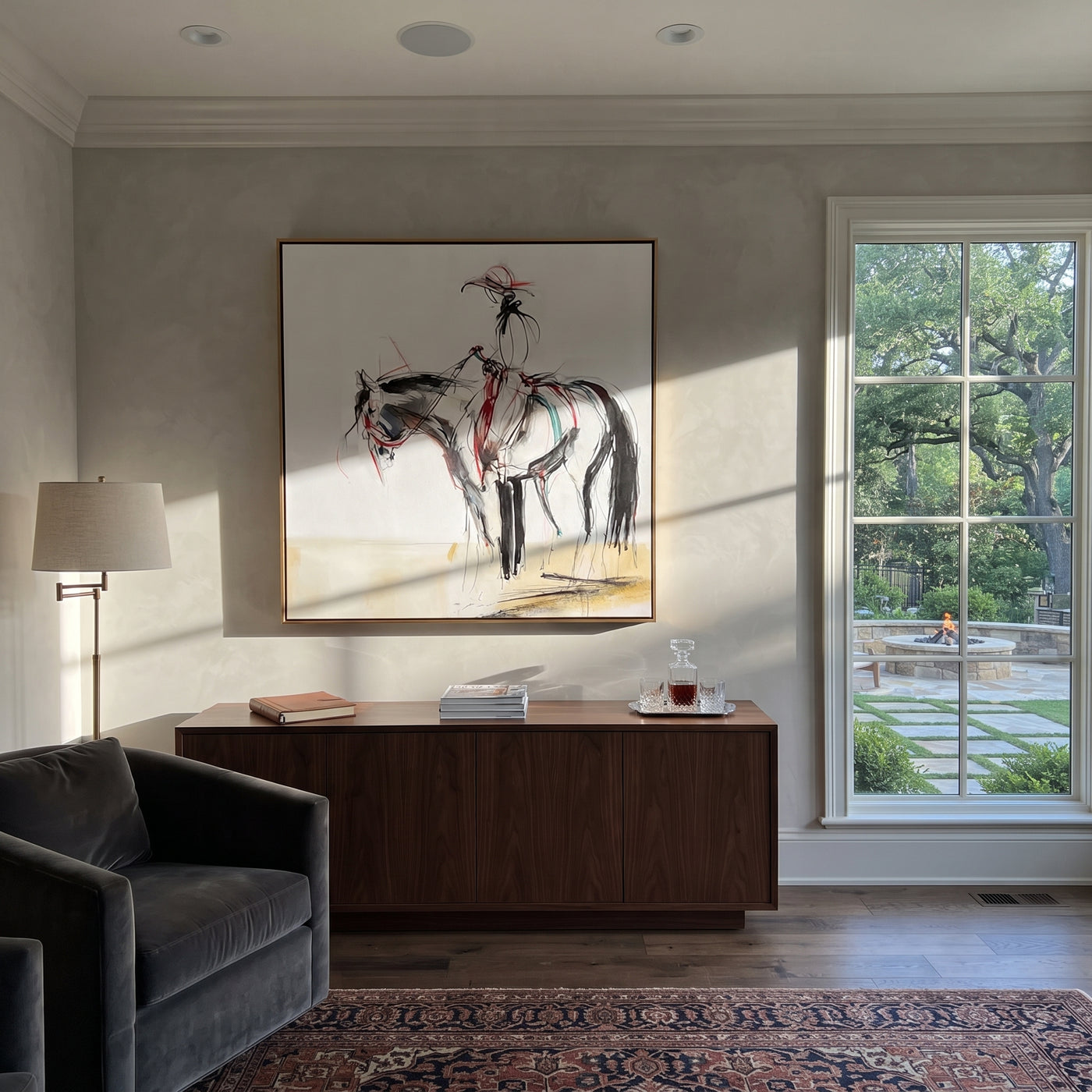 Loose Lines Carry Poise - expressive horse rider sketch by Isabelle Laurent, modern Western square wall art – styled room scene view 3