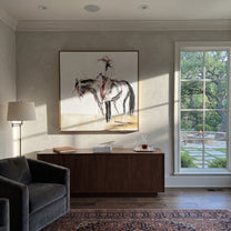 Loose Lines Carry Poise - expressive horse rider sketch by Isabelle Laurent, modern Western square wall art – styled room scene view 3