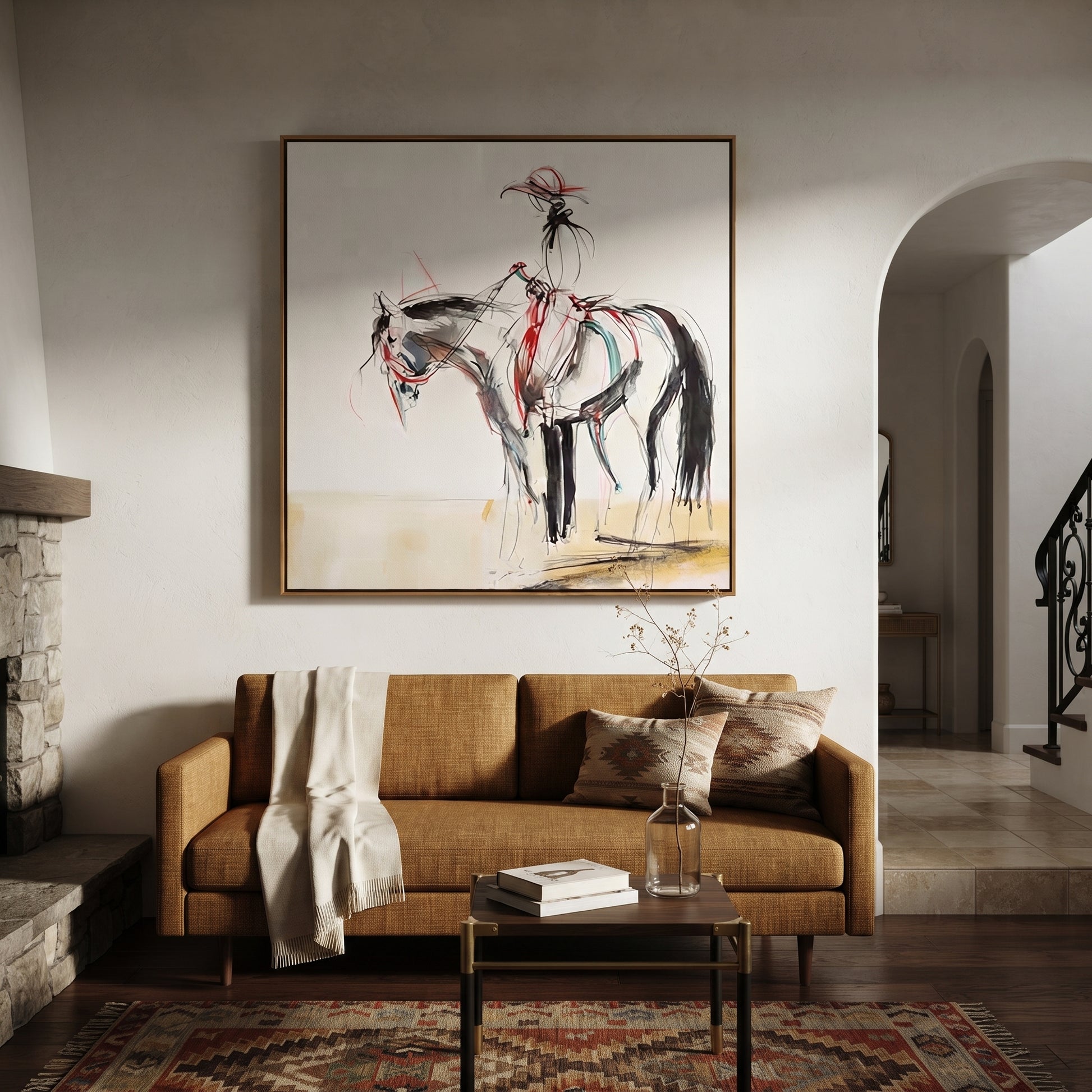 Loose Lines Carry Poise - expressive horse rider sketch by Isabelle Laurent, modern Western square wall art – styled room scene view 4