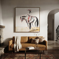 Loose Lines Carry Poise - expressive horse rider sketch by Isabelle Laurent, modern Western square wall art – styled room scene view 4