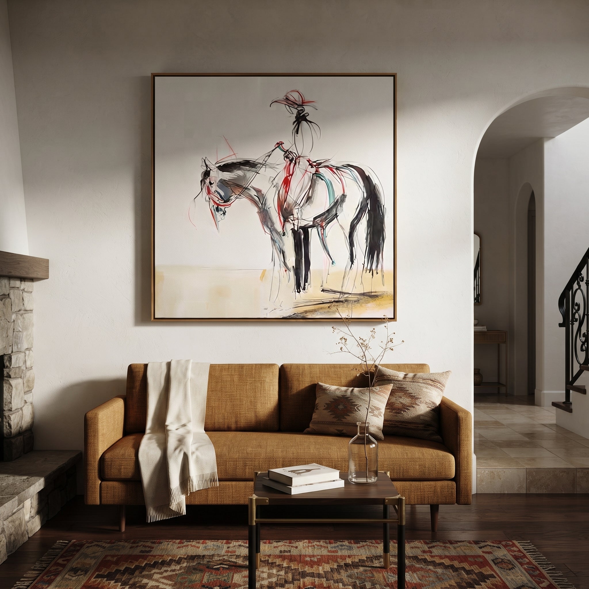 Loose Lines Carry Poise - expressive horse rider sketch by Isabelle Laurent, modern Western square wall art – styled room scene view 4