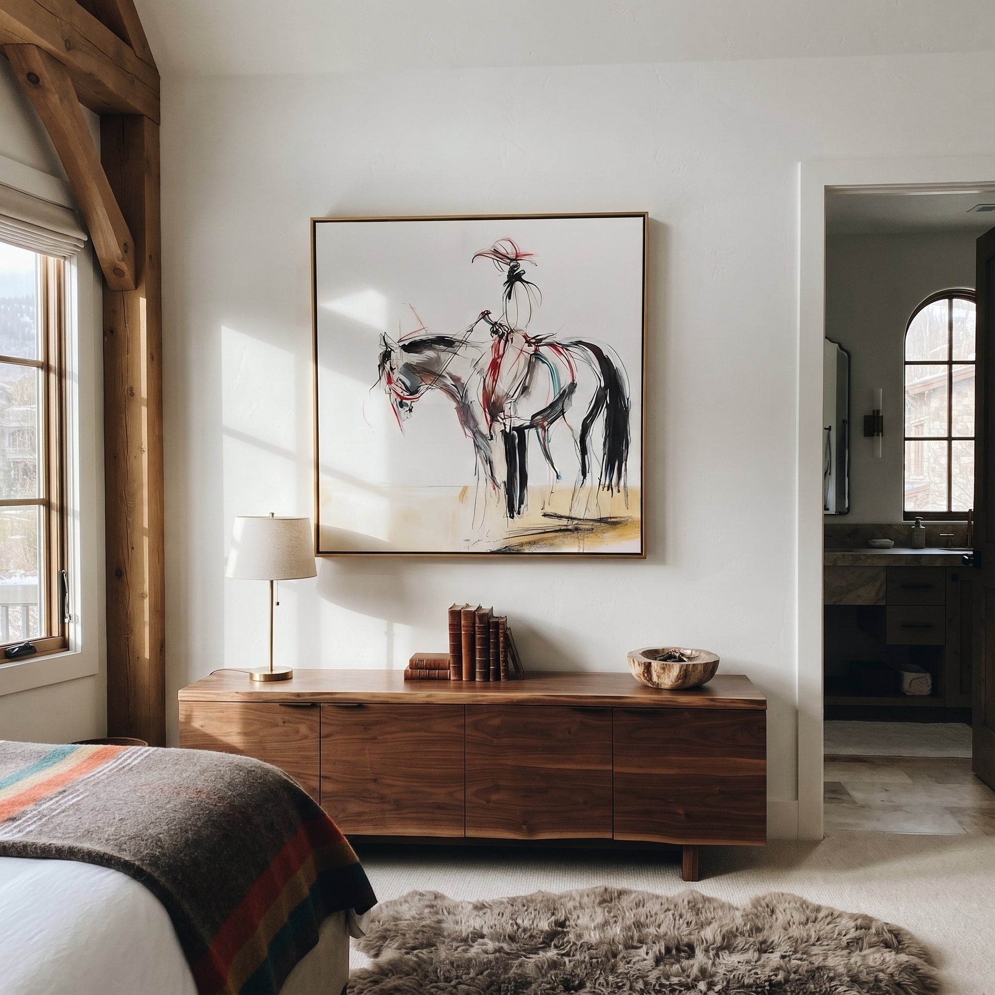 Loose Lines Carry Poise - expressive horse rider sketch by Isabelle Laurent, modern Western square wall art – styled room scene view 5