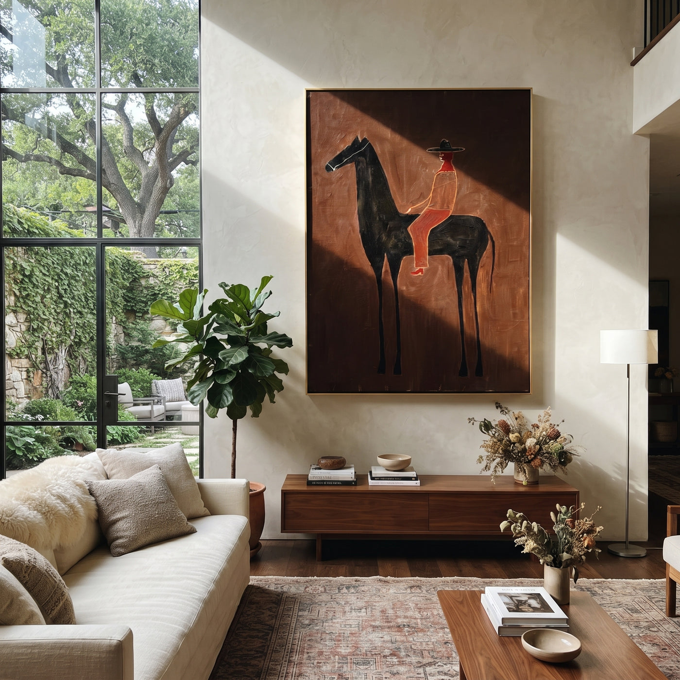 Scarlet Rider Crosses Umber - black horse rider painting by Isabelle Laurent, modern Western vertical wall art – styled room scene view 1