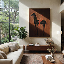 Scarlet Rider Crosses Umber - black horse rider painting by Isabelle Laurent, modern Western vertical wall art – styled room scene view 1