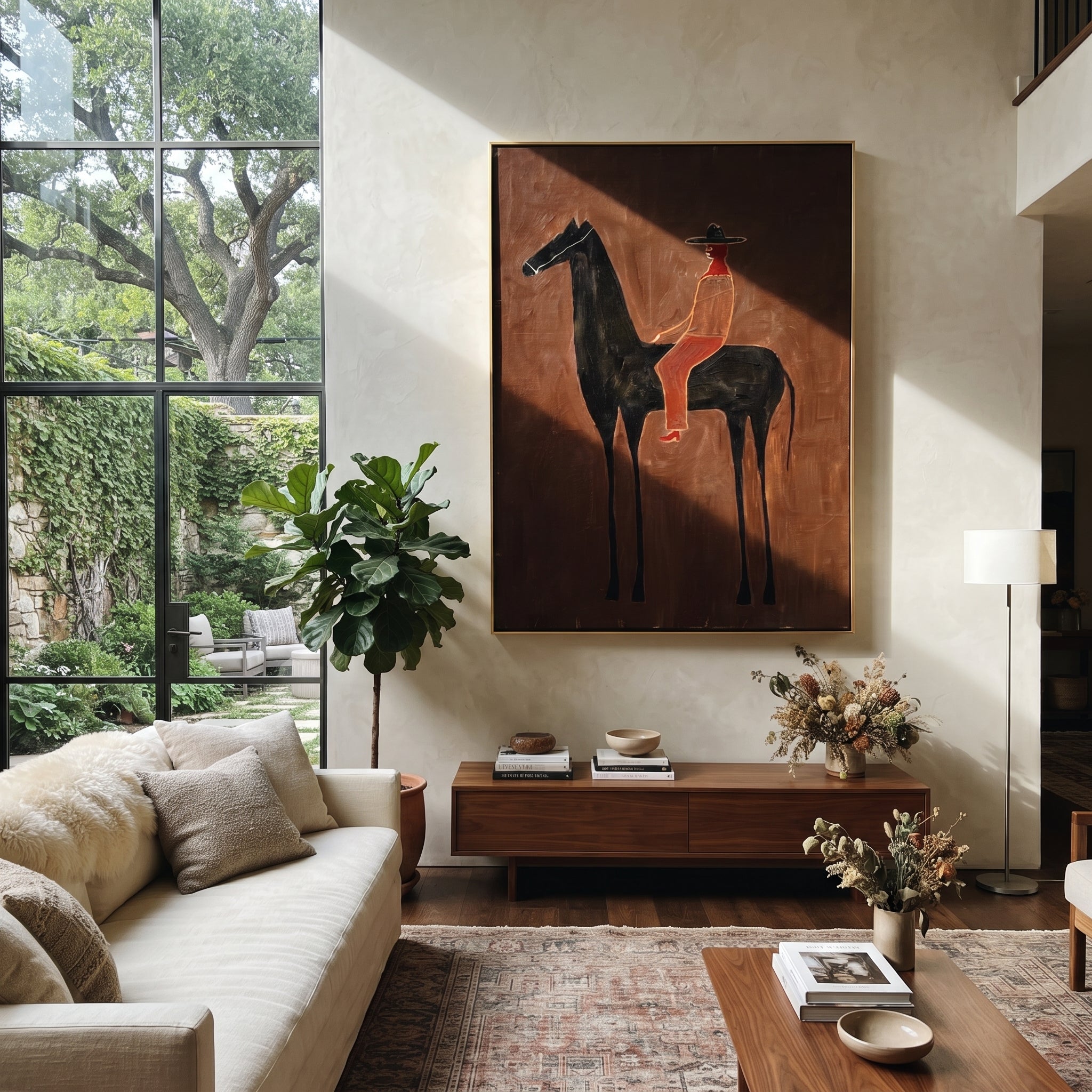 Scarlet Rider Crosses Umber - black horse rider painting by Isabelle Laurent, modern Western vertical wall art – styled room scene view 1