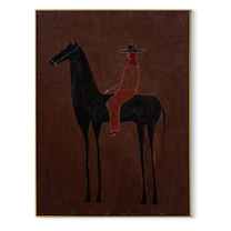 Scarlet Rider Crosses Umber - black horse rider painting by Isabelle Laurent, modern Western vertical wall art – wood frame on white background