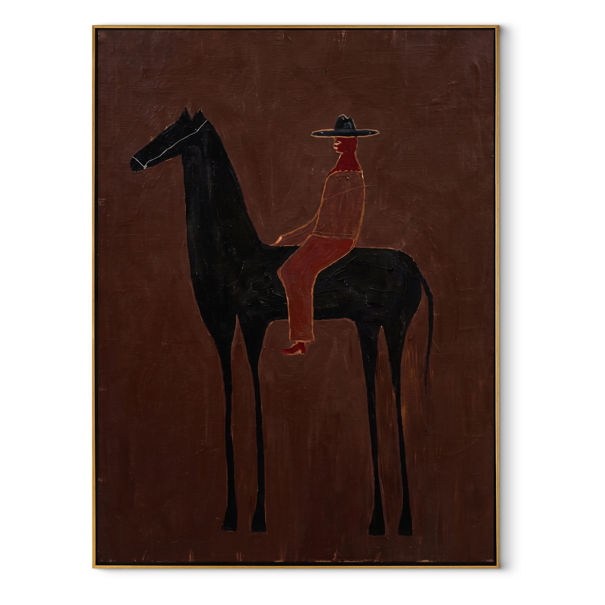 Scarlet Rider Crosses Umber - black horse rider painting by Isabelle Laurent, modern Western vertical wall art – wood frame on white background