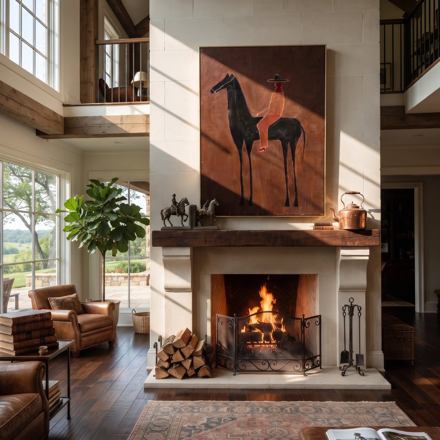 Scarlet Rider Crosses Umber - black horse rider painting by Isabelle Laurent, modern Western vertical wall art – styled room scene view 2