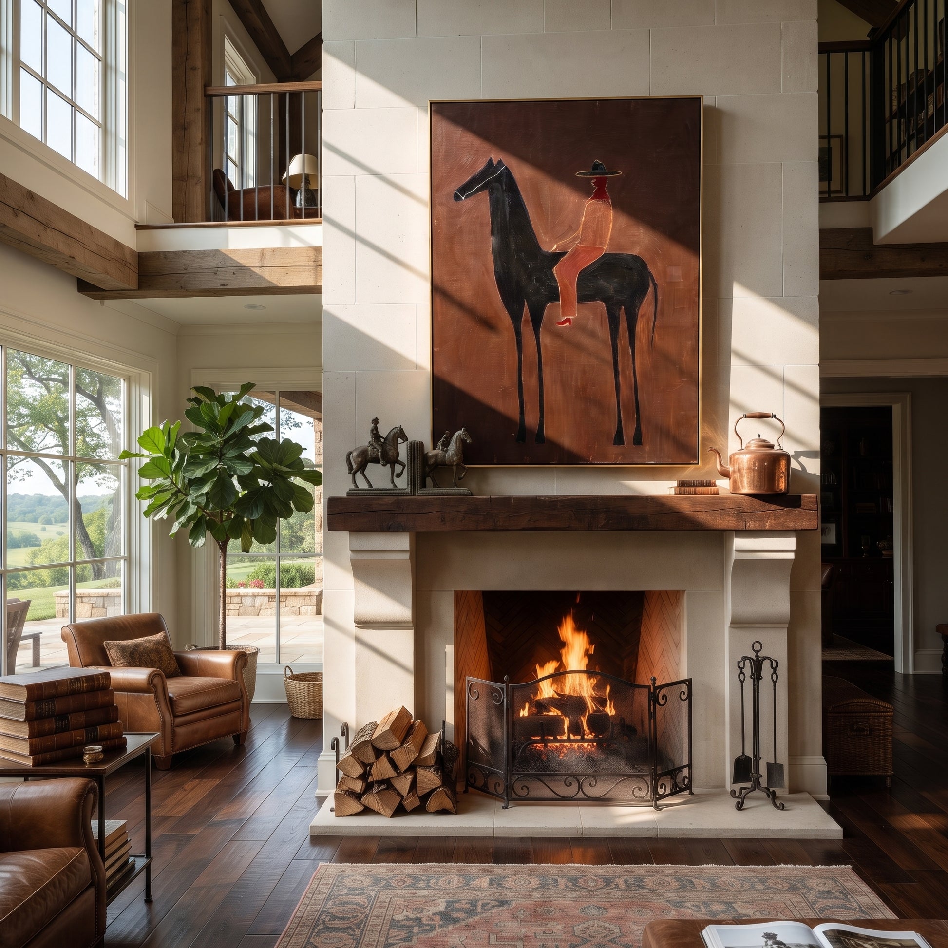 Scarlet Rider Crosses Umber - black horse rider painting by Isabelle Laurent, modern Western vertical wall art – styled room scene view 2