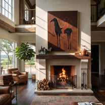 Scarlet Rider Crosses Umber - black horse rider painting by Isabelle Laurent, modern Western vertical wall art – styled room scene view 2