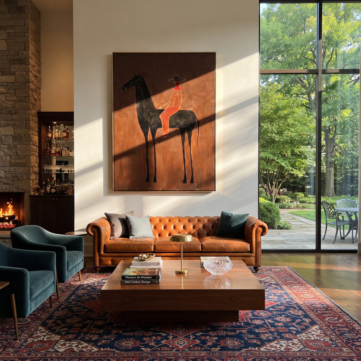 Scarlet Rider Crosses Umber - black horse rider painting by Isabelle Laurent, modern Western vertical wall art – styled room scene view 3