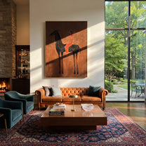 Scarlet Rider Crosses Umber - black horse rider painting by Isabelle Laurent, modern Western vertical wall art – styled room scene view 3