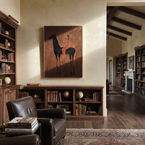 Scarlet Rider Crosses Umber - black horse rider painting by Isabelle Laurent, modern Western vertical wall art – styled room scene view 4