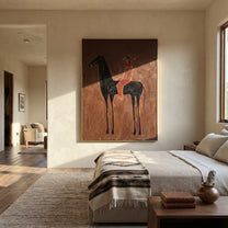 Scarlet Rider Crosses Umber - black horse rider painting by Isabelle Laurent, modern Western vertical wall art – styled room scene view 5