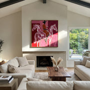 Twin Horses Raise Wine - two horse rider painting by Isabelle Laurent, modern Western square wall art – styled room scene view 1