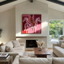 Twin Horses Raise Wine - two horse rider painting by Isabelle Laurent, modern Western square wall art – styled room scene view 1
