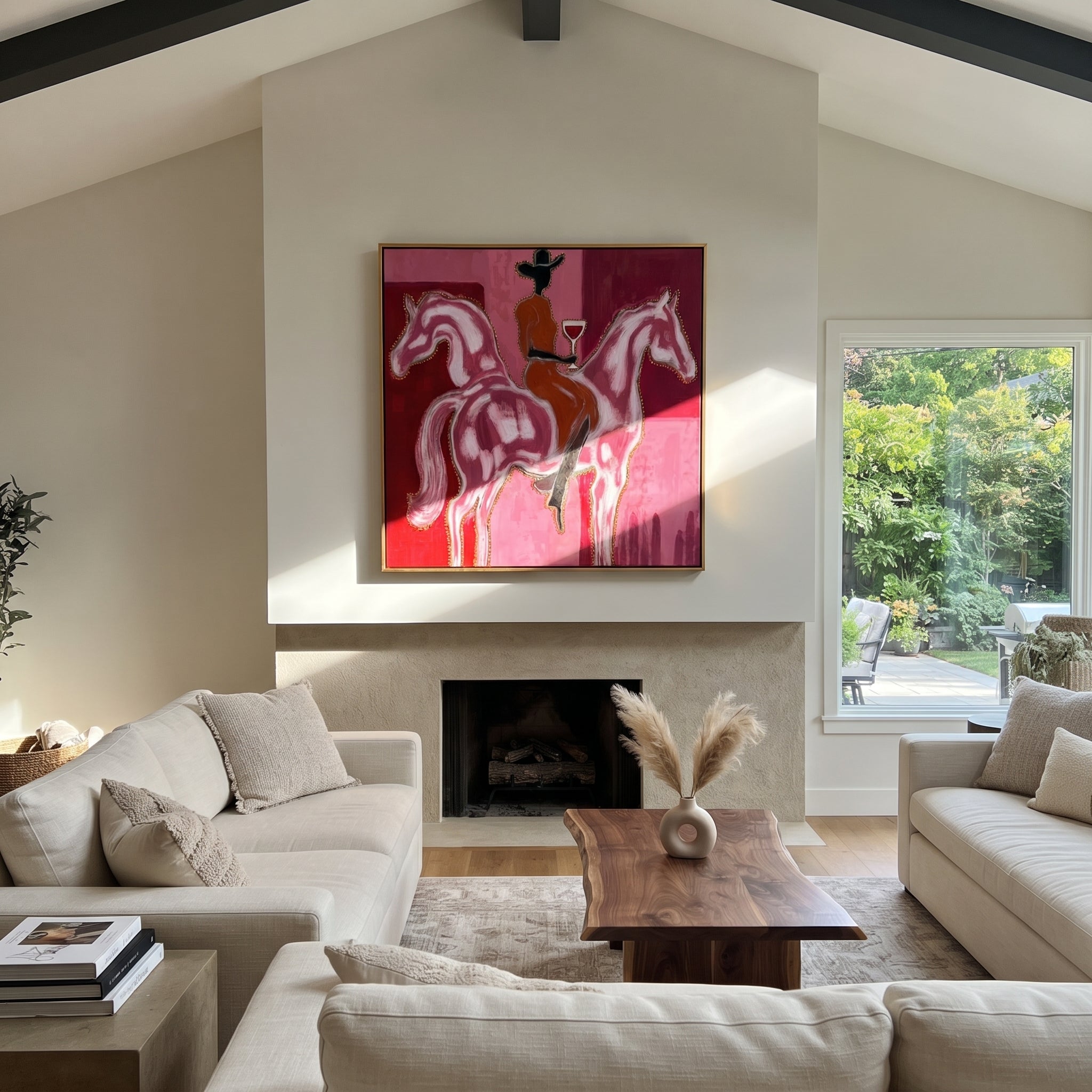 Twin Horses Raise Wine - two horse rider painting by Isabelle Laurent, modern Western square wall art – styled room scene view 1