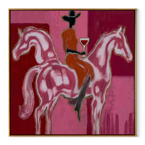 Twin Horses Raise Wine - two horse rider painting by Isabelle Laurent, modern Western square wall art – wood frame on white background