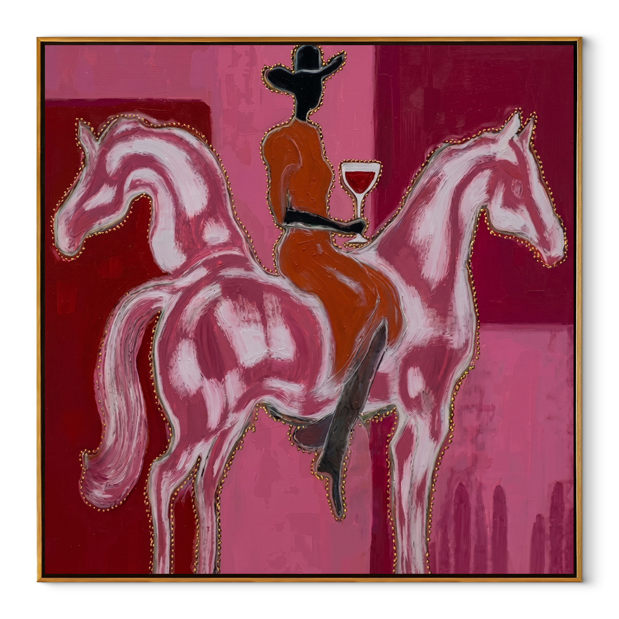 Twin Horses Raise Wine - two horse rider painting by Isabelle Laurent, modern Western square wall art – wood frame on white background