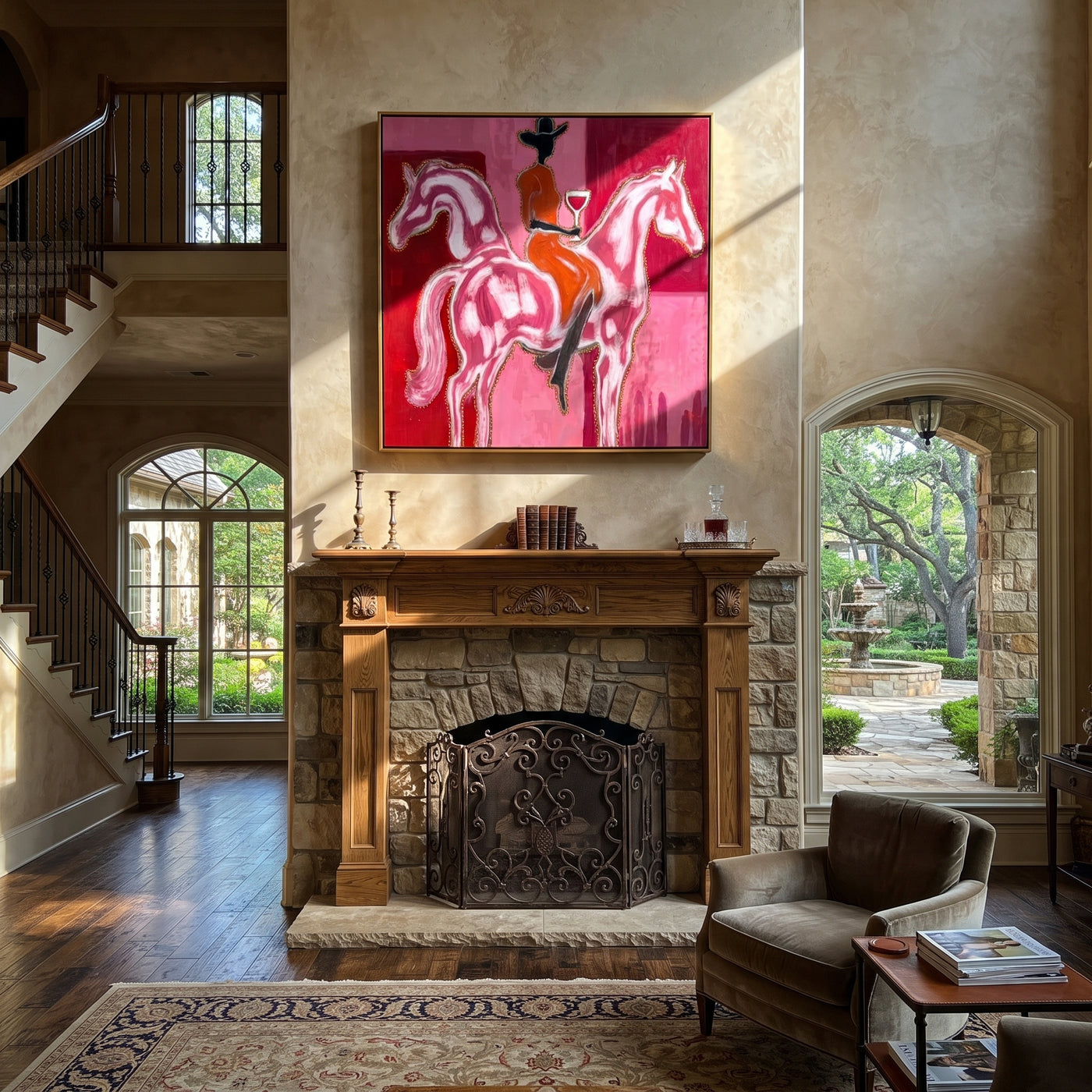 Twin Horses Raise Wine - two horse rider painting by Isabelle Laurent, modern Western square wall art – styled room scene view 2