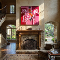 Twin Horses Raise Wine - two horse rider painting by Isabelle Laurent, modern Western square wall art – styled room scene view 2
