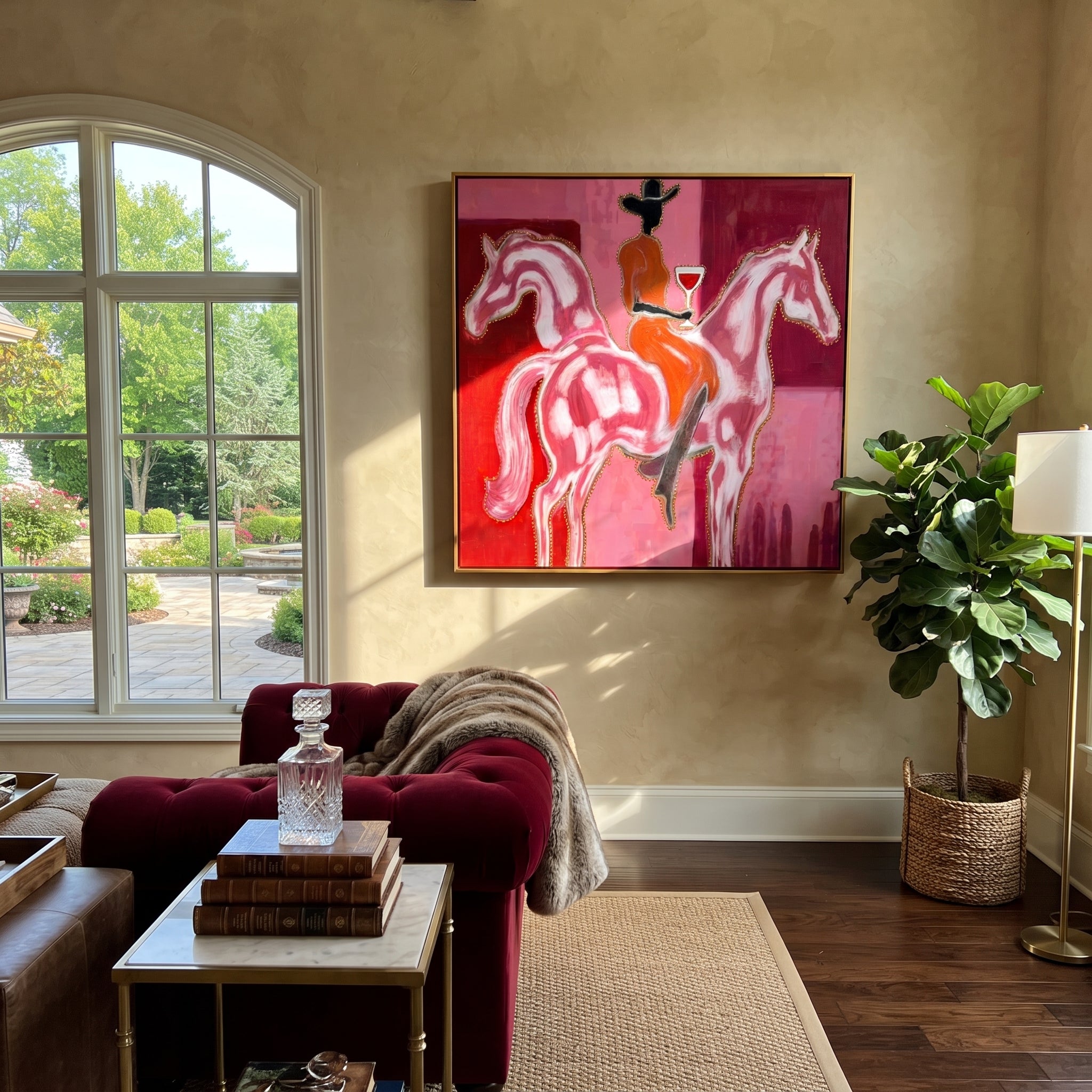 Twin Horses Raise Wine - two horse rider painting by Isabelle Laurent, modern Western square wall art – styled room scene view 3