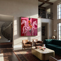 Twin Horses Raise Wine - two horse rider painting by Isabelle Laurent, modern Western square wall art – styled room scene view 4