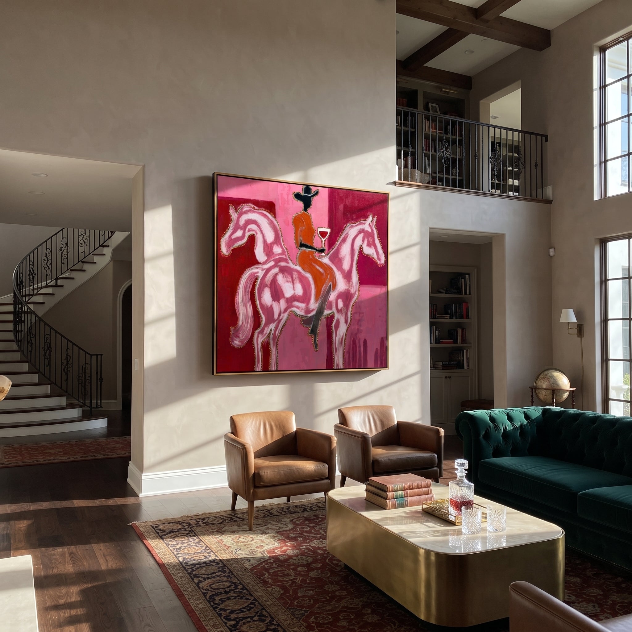 Twin Horses Raise Wine - two horse rider painting by Isabelle Laurent, modern Western square wall art – styled room scene view 4