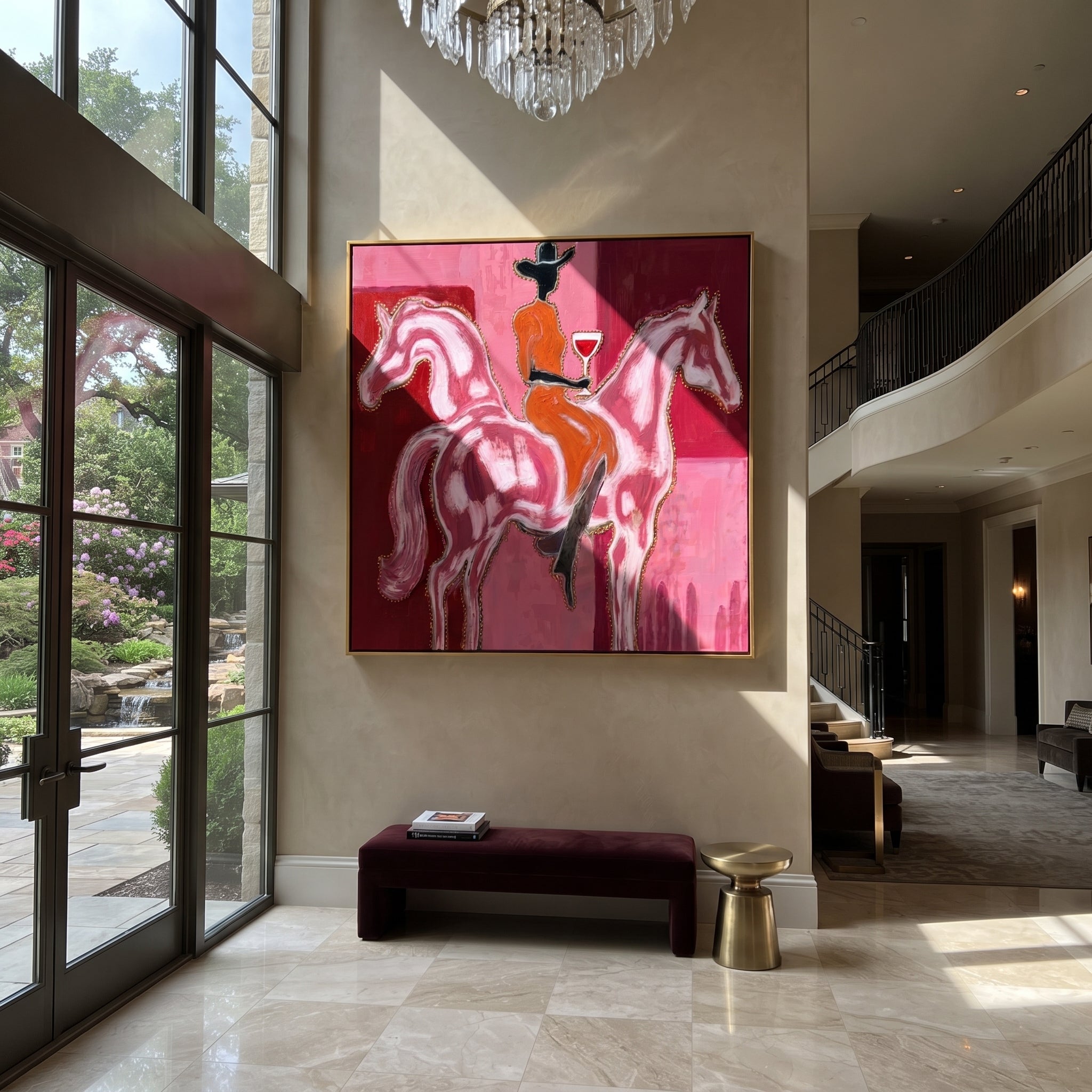 Twin Horses Raise Wine - two horse rider painting by Isabelle Laurent, modern Western square wall art – styled room scene view 5