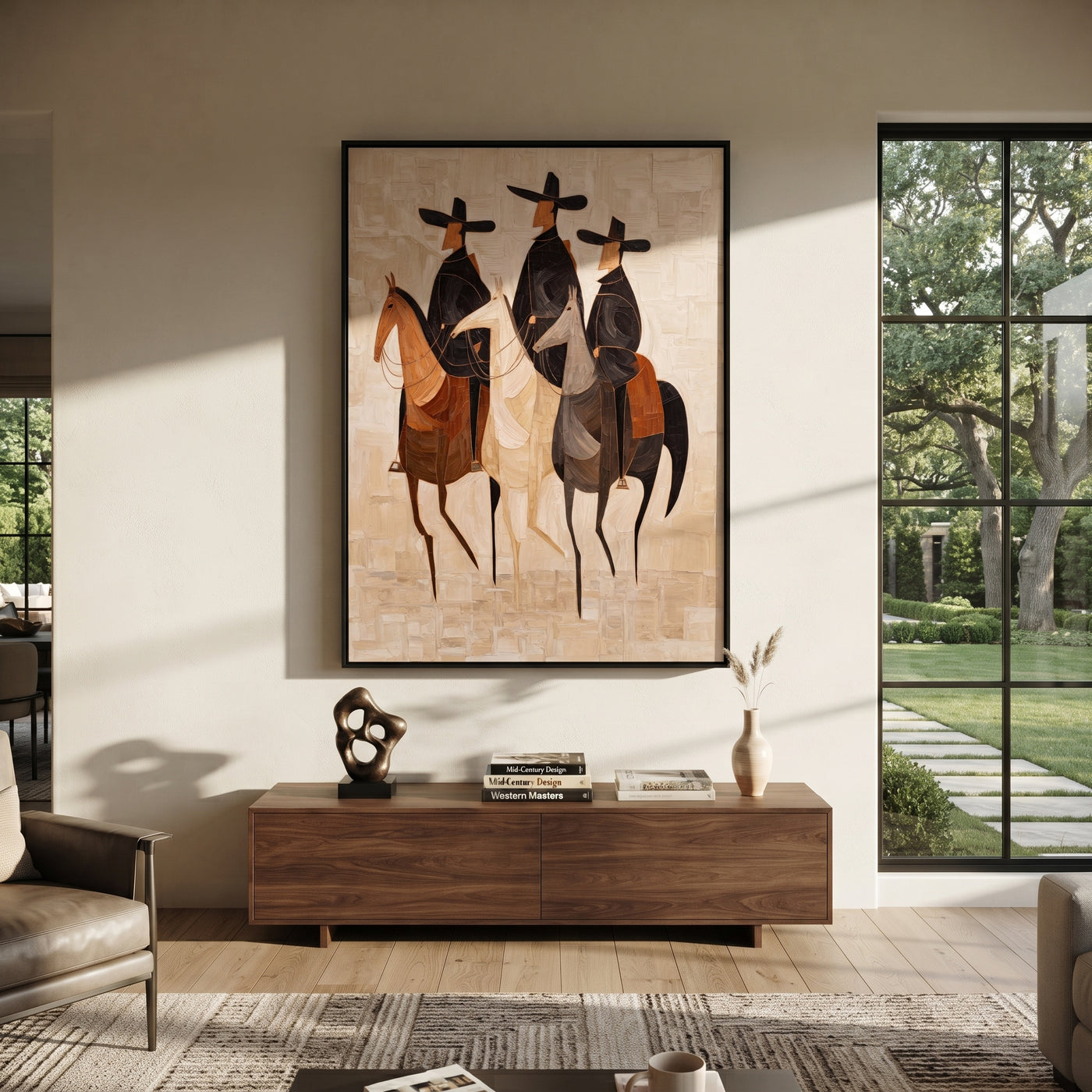 Three Hats Travel Together - three horse riders painting by Isabelle Laurent, modern Western vertical wall art – styled room scene view 1