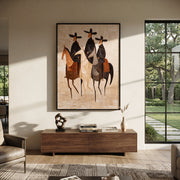 Three Hats Travel Together - three horse riders painting by Isabelle Laurent, modern Western vertical wall art – styled room scene view 1