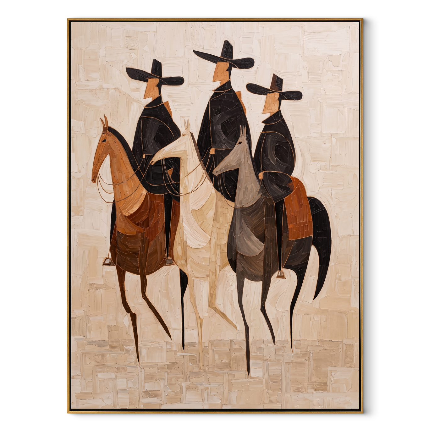 Three Hats Travel Together - three horse riders painting by Isabelle Laurent, modern Western vertical wall art – wood frame on white background