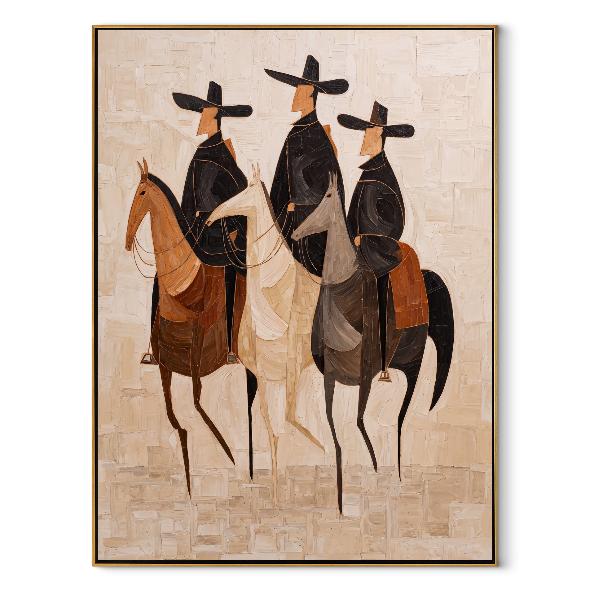 Three Hats Travel Together - three horse riders painting by Isabelle Laurent, modern Western vertical wall art – wood frame on white background