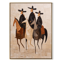 Three Hats Travel Together - three horse riders painting by Isabelle Laurent, modern Western vertical wall art – wood frame on white background
