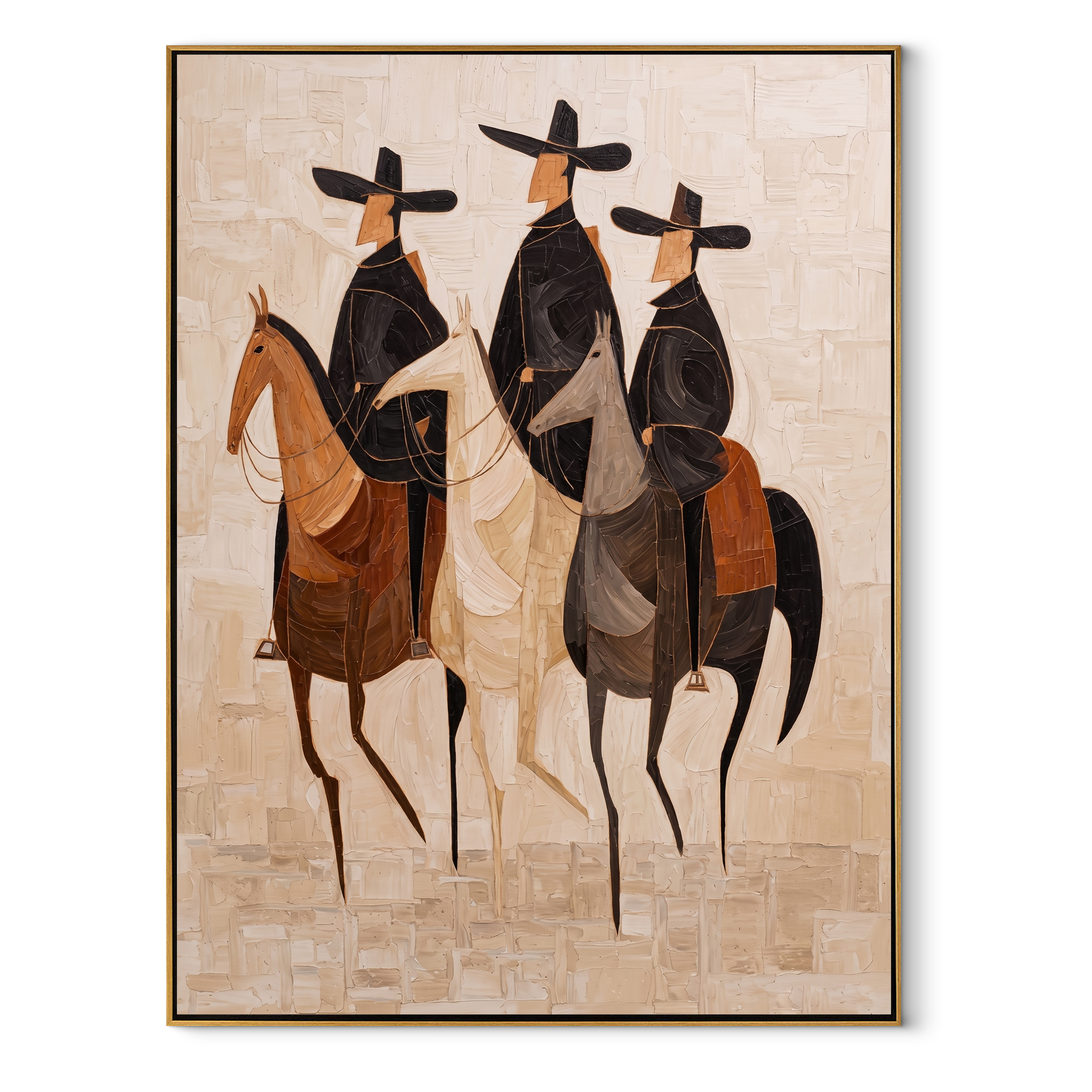 Three Hats Travel Together - three horse riders painting by Isabelle Laurent, modern Western vertical wall art – wood frame on white background