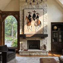Three Hats Travel Together - three horse riders painting by Isabelle Laurent, modern Western vertical wall art – styled room scene view 2