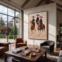 Three Hats Travel Together - three horse riders painting by Isabelle Laurent, modern Western vertical wall art – styled room scene view 3