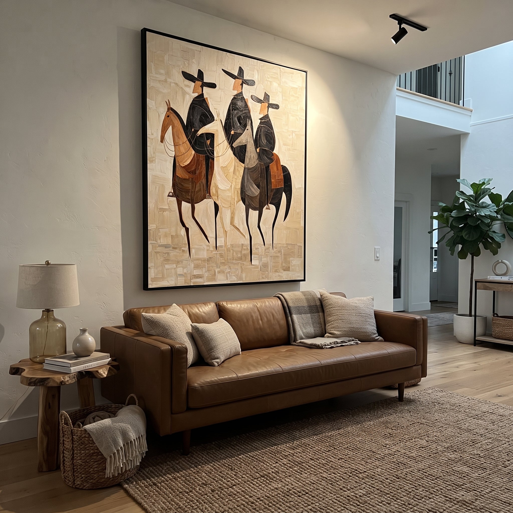 Three Hats Travel Together - three horse riders painting by Isabelle Laurent, modern Western vertical wall art – styled room scene view 4