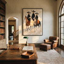 Three Hats Travel Together - three horse riders painting by Isabelle Laurent, modern Western vertical wall art – styled room scene view 5