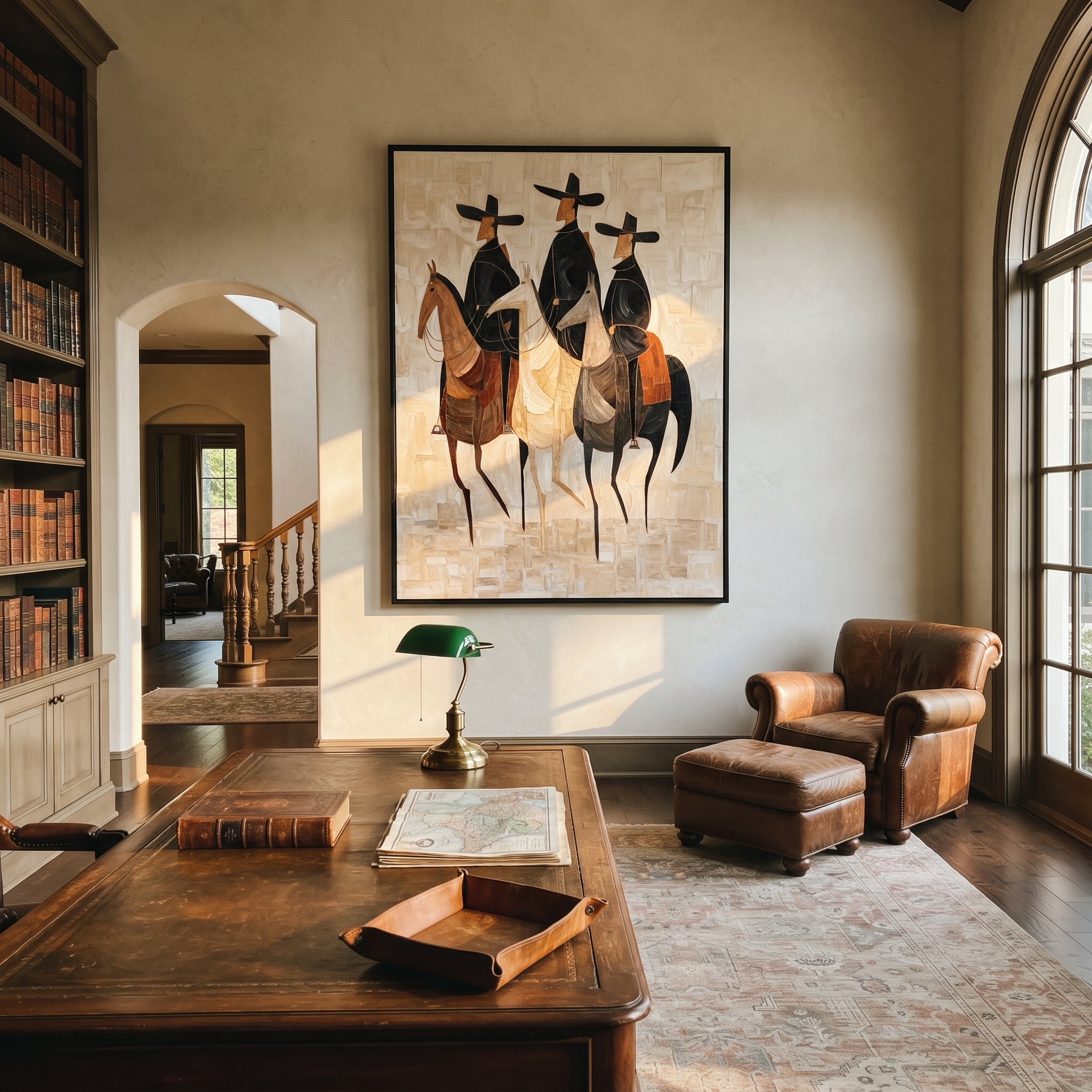 Three Hats Travel Together - three horse riders painting by Isabelle Laurent, modern Western vertical wall art – styled room scene view 5