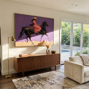 Violet Gallop Breaks Gold - expressive galloping rider painting by Isabelle Laurent, modern Western horizontal wall art – styled room scene view 1