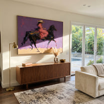 Violet Gallop Breaks Gold - expressive galloping rider painting by Isabelle Laurent, modern Western horizontal wall art – styled room scene view 1