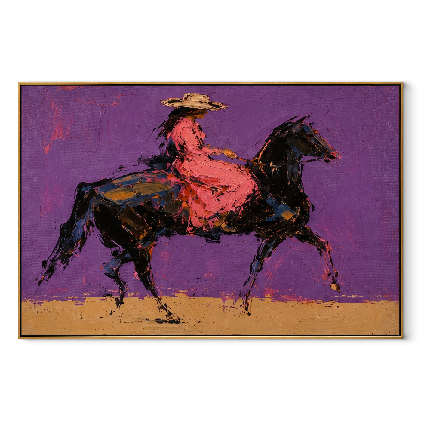 Violet Gallop Breaks Gold - expressive galloping rider painting by Isabelle Laurent, modern Western horizontal wall art – wood frame on white background