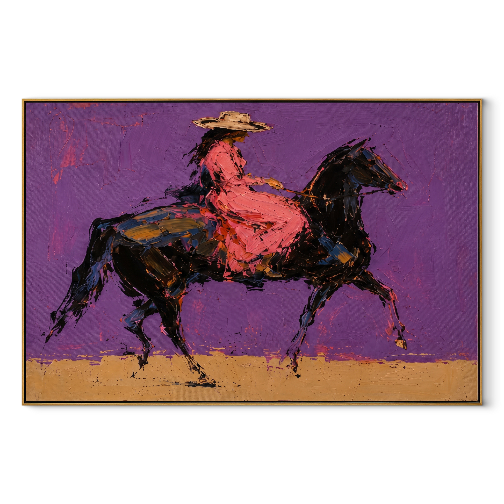 Violet Gallop Breaks Gold - expressive galloping rider painting by Isabelle Laurent, modern Western horizontal wall art – wood frame on white background